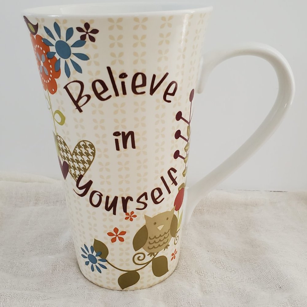 Believe In Yourself 222 Fifth Helpful Owl Beige Tall Coffee Cup Mug